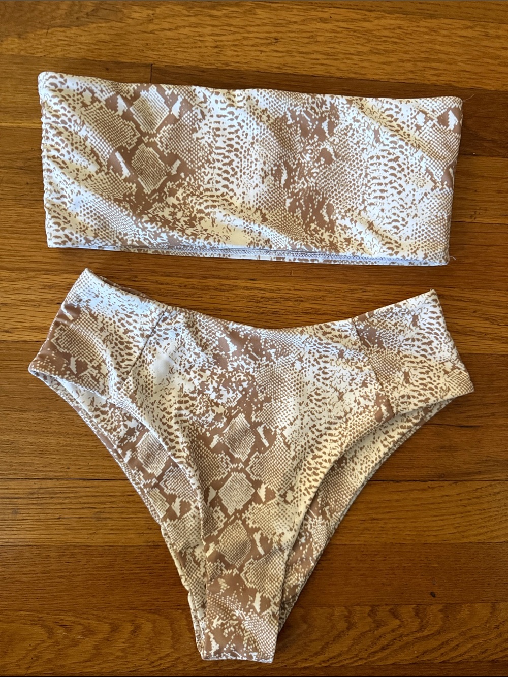 Snake Print Bandeau Bikini Set in Beige & Cream